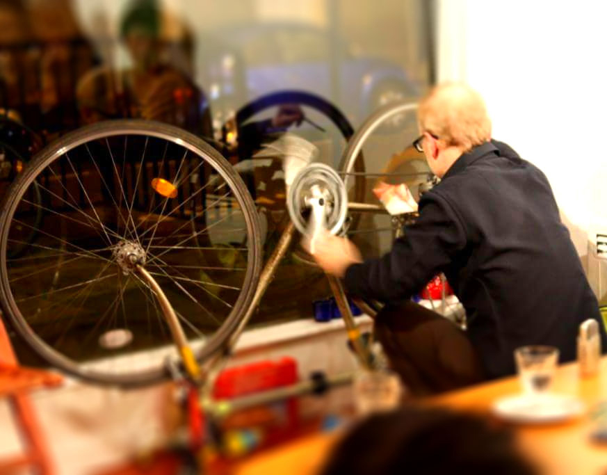 Douglas Benford extracting sounds from his bicycle at London’s Hundred Years Gallery