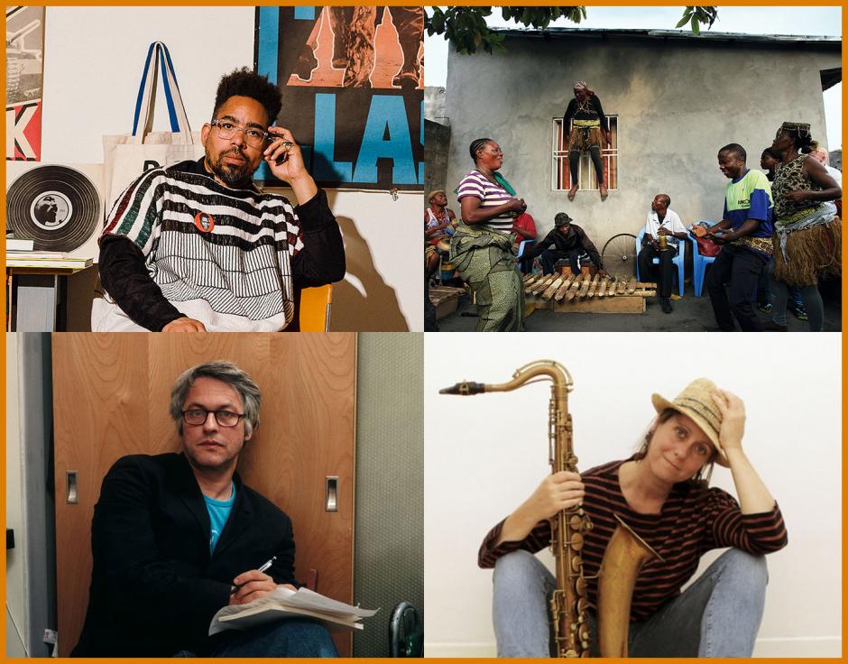 Clockwise from top left: Damon Locks in The Wire 425 by Lyndon French; Kasai Allstars by Vincent Kenis; Rachel Musson by Graham Silcock; Marc Ribot in The Wire 274 by Michael Schmelling