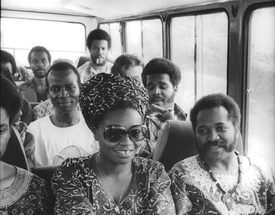 Chris Ajilo (in white T-shirt) on BB King’s tour bus, Lagos 1973. Photo: Val Wilmer