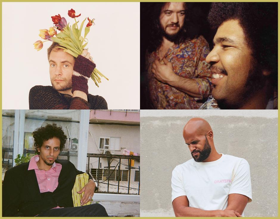 Clockwise from top left: Alabaster DePlume in The Wire 458 by Jukka Ovaskainen; George Duke (right) with Airto Moreira, 1970s, courtesy MPS; Homeboy Sandman in The Wire 441 by Dawit NM; El Khat by Matan Caspi