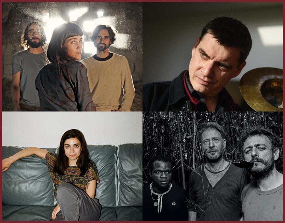 Clockwise from top left: Širom by Uroš Abram; Will Guthrie of Ensemble Nist-Nah in The Wire 433 by Elise Toïdé; Avalanche Kaito by Davide Belotti; Shiva Feshareki in The Wire 402 by Rosaline Shahnavaz