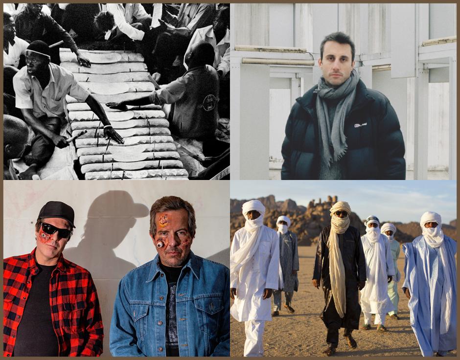 Clockwise from top left: Nakibembe Embaire Group; Alexander Hawkins by André Cepeda; Tinariwen; Wolf Eyes by Alivia Zivich