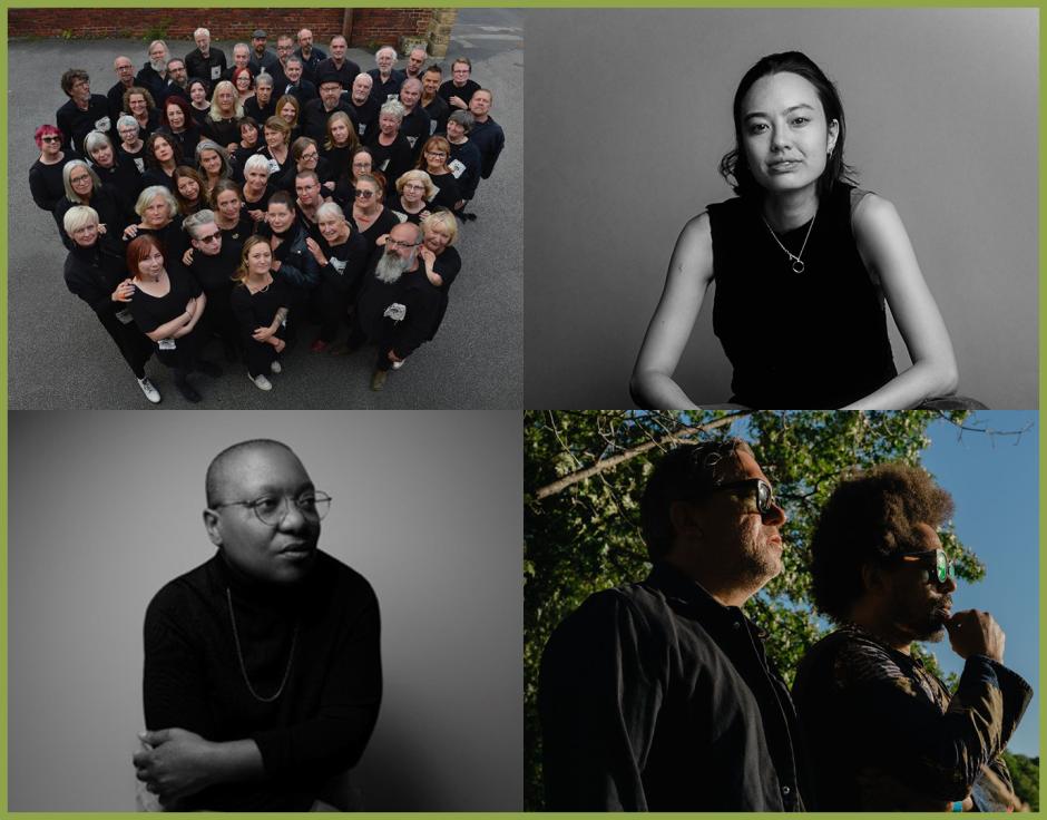 Clockwise from top left: Commoners Choir by Phil Moody; Lesley Mok by Chase Anderson; Rob Mazurek (left) & Damon Locks by Jamie Kelter Davis; Meshell Ndegeocello by Charlie Gross