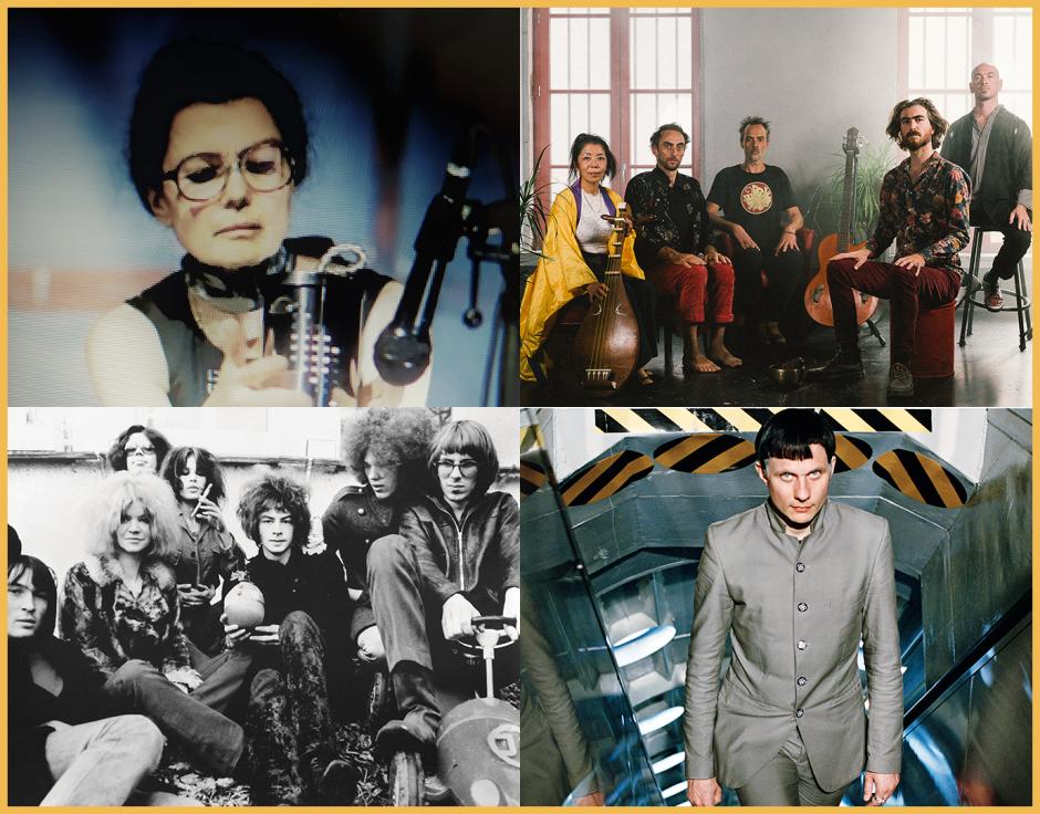 Clockwise from top left: Still from Anne Gillis performance of Y’rt.nwd, 2019; PoiL Ueda in The Wire 471 by Paul Bourdrel; Felix Kubin The Wire 316 by Roger Deckker; Amon Düül commune, late 1960s, courtesy Eurock Archives
