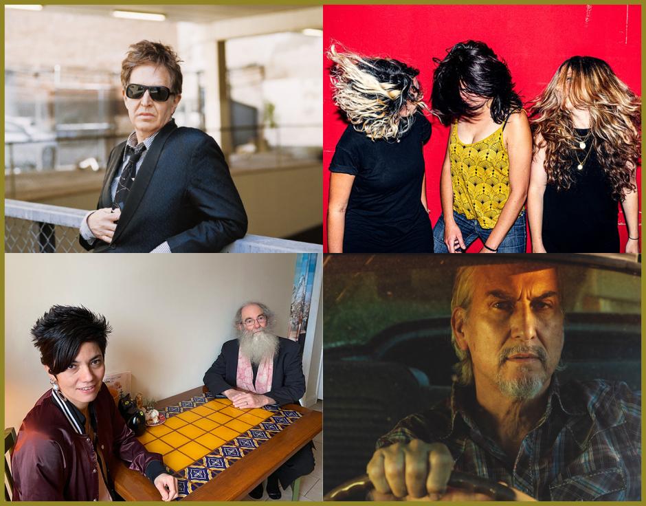 Clockwise from top left: Steve Wynn of The Dream Syndicate in The Wire 460 by Jan Khür; NOUT by Sylvain Gripoix; Howe Gelb of Giant Sand in The Wire 430 by Cassidy Araiza; Ava Mendoza (left) and Dave Sewelson
