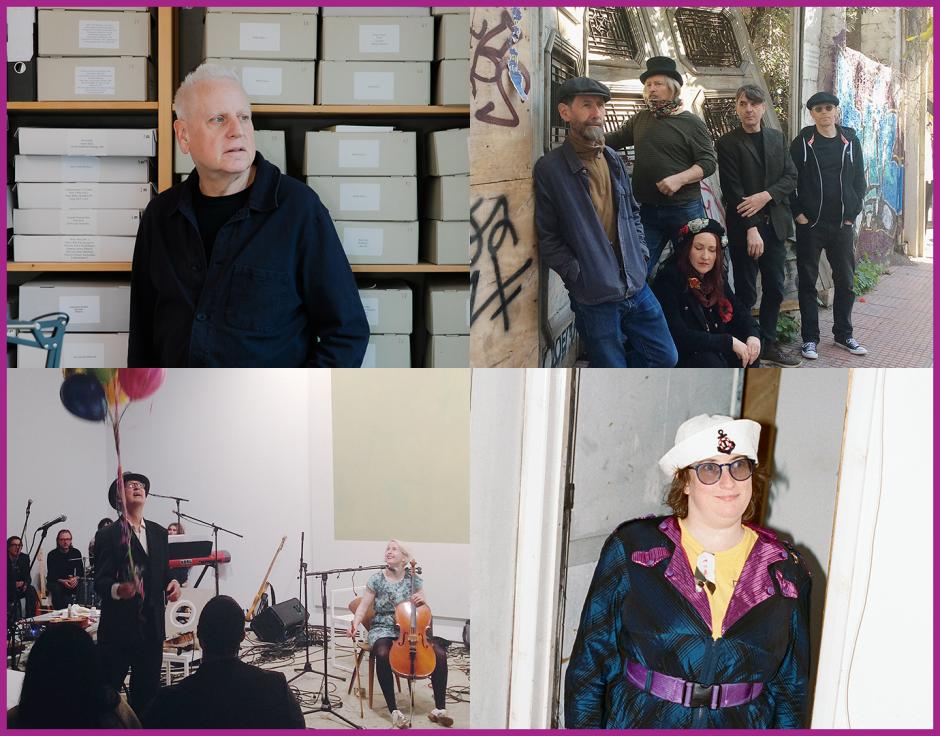 Clockwise from top left: Arnold Dreyblatt by Diana Pfammatter; Normil Hawaiians by Laurie Peric; Robyn Rocket by Guy Bolongaro; Tony Conrad & Jennifer Walshe by David Grubbs