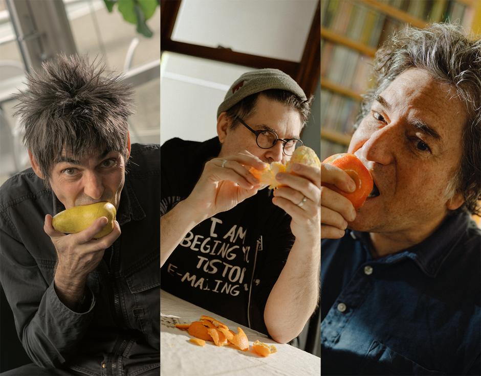 Shellac, April 2024: (from left) Todd Trainer by Eric Ruby; Steve Albini by Lyndon French; Bob Weston by Lyndon French
