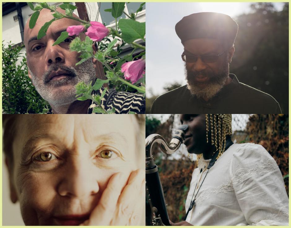 Clockwise from top left: Dhangsha by Jermaine Francis; Pat Thomas by Billy Barraclough; petals via Bandcamp; Laurie Anderson by Harley Weir